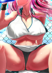 Rule 34 | 1girl, azur lane, bare legs, bare shoulders, black hair, black panties, blue sky, bottle, breasts, bremerton (azur lane), bremerton (scorching-hot training) (azur lane), chain-link fence, cleavage, cloud, collared shirt, commentary request, cowboy shot, crop top, crop top overhang, day, drinking, fence, green skirt, head out of frame, heart, heart necklace, highres, holding, holding bottle, huge breasts, long hair, midriff, multicolored hair, navel, necklace, no bra, panties, partially visible vulva, pink hair, shirt, sidelocks, sitting, skirt, sky, sleeveless, sleeveless shirt, solo, sportswear, spread legs, streaked hair, sweat, tennis uniform, twintails, two-tone hair, two-tone shirt, two-tone skirt, uenoryoma, underboob, underwear, water bottle, white shirt, white skirt, wristband