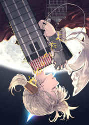Rule 34 | 1girl, blonde hair, blunt bangs, closed eyes, commentary request, cover, dougi, flight deck, gloves, grey gloves, hair ornament, hakama, hakama short skirt, hakama skirt, highres, japanese clothes, kantai collection, long hair, moon, own hands clasped, own hands together, partially fingerless gloves, partly fingerless gloves, red hakama, ryuu (tsukinoyuki), shin&#039;you (kancolle), single glove, skirt, solo, translation request, upside-down, yugake