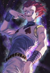 Rule 34 | 1boy, card, facepaint, facial mark, hair slicked back, highres, hisoka morow, hunter x hunter, licking object, male focus, playing card theme, red hair, short hair, sleeveless, solo, star (symbol), tomaton (t 0), toned, toned male, yellow eyes