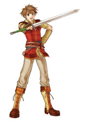 Rule 34 | 1boy, brown hair, edward (fire emblem), fire emblem, fire emblem: radiant dawn, grey eyes, hand on own hip, highres, holding, kita senri, looking at viewer, male focus, nintendo, official art, open mouth, simple background, solo, spiked hair, white background