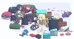 Rule 34 | 1boy, 1girl, absurdres, backpack, bag, black hair, blonde hair, book, border, braid, brown pants, cosmog, creatures (company), dress, elio (pokemon), first aid kit, fukui, game freak, gen 4 pokemon, gen 7 pokemon, gift, green eyes, hat, highres, kneeling, legendary pokemon, lillie (pokemon), litten, long hair, nintendo, nose bubble, pants, poke ball, poke ball (basic), pokemon, pokemon (creature), pokemon sm, popplio, rotom, rotom dex, rowlet, shirt, short hair, smoke, socks, striped clothes, striped shirt, suitcase, twin braids, white border, white dress, white hat, white socks