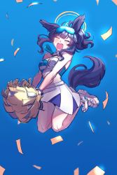Rule 34 | 1girl, absurdres, animal ears, black hair, blue archive, blush, cheerleader, closed eyes, commentary request, dog ears, dog girl, dog tail, halo, hibiki (blue archive), hibiki (cheer squad) (blue archive), highres, hobgoblin-kim, jumping, millennium cheerleader outfit (blue archive), open mouth, pleated skirt, pom pom (cheerleading), ponytail, skirt, solo, tail