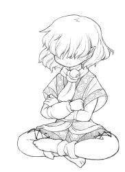 Rule 34 | 1girl, arm warmers, blush stickers, crossed arms, female focus, greyscale, hair over eyes, indian style, mizuhashi parsee, monochrome, pointy ears, scarf, short hair, simple background, sitting, solo, sotto, touhou, white background