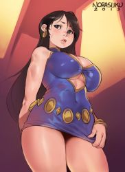 Rule 34 | 1girl, anxious, bare shoulders, black eyes, black hair, breasts, cleavage, final fantasy, final fantasy vii, highres, jewelry, large breasts, lips, long hair, norasuko, parted lips, skin tight, solo, square enix, standing, thighs, tifa lockhart, upskirt, wall market