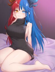 Rule 34 | 1girl, absurdres, artist 402901, barefoot, bed, black sweater, blue eyes, blue hair, blush, bottomless, breasts, bright pupils, dragon girl, dragon horns, feet, heterochromia, highres, horns, inferna dragnis (xoldrek), large breasts, long hair, looking at viewer, meme attire, monster girl, multicolored hair, non-web source, orange eyes, original, pale skin, red hair, sitting, sleeveless, smile, solo, split-color hair, sweater, symbol-shaped pupils, thick thighs, thighs, two-tone hair, virgin killer sweater, wariza, white pupils