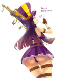 Rule 34 | 1girl, ass, belt, breasts, brown hair, caitlyn (league of legends), english text, fingerless gloves, gloves, gun, hat, heart, highres, league of legends, long hair, looking at viewer, looking back, mitchlin, panties, purple panties, red eyes, rifle, simple background, skirt, sniper rifle, solo, thighs, top hat, underwear, weapon, white background