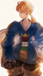 Rule 34 | 1boy, blonde hair, cape, commentary request, final fantasy, final fantasy tactics, gloves, highres, long hair, maeka (kumaekake), male focus, ponytail, ramza beoulve, solo, yellow eyes