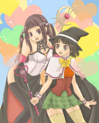 Rule 34 | 00s, 2girls, bad id, bad pixiv id, bob cut, breasts, brown eyes, brown hair, cape, cleavage, cord-yoshikazu, hat, medium breasts, multiple girls, rosario+vampire, sendou yukari, skirt, small breasts, staff, thighhighs, toujou ruby, twintails, wand, witch, witch hat, wrist cuffs, wristband