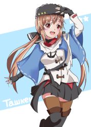 Rule 34 | 1girl, ai style, belt, black skirt, blue shawl, blush, boots, breasts, brown hair, cyrillic, fur hat, hair between eyes, hair ornament, hairclip, hat, highres, jacket, kantai collection, long hair, looking at viewer, low twintails, medium breasts, miniskirt, papakha, red eyes, red shirt, scarf, shawl, shirt, simple background, skirt, solo, tashkent (kancolle), thigh boots, thighhighs, torn clothes, torn scarf, twintails, white scarf