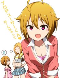 Rule 34 | 3girls, :d, ahoge, baba konomi, bare shoulders, belt, belt buckle, blonde hair, blue skirt, blush, braid, breasts, breasts squeezed together, brown hair, buckle, buttons, cardigan, choker, cleavage, closed eyes, closed mouth, clothes writing, collarbone, collared shirt, cosplay, costume switch, crop top, earrings, facing another, glint, hair between eyes, hair flaps, hair over shoulder, hands on own hips, heart, ibuki tsubasa, idolmaster, idolmaster million live!, idolmaster million live! theater days, jewelry, kidachi, leaning forward, long hair, long sleeves, looking at another, looking at viewer, medium breasts, midriff, miniskirt, momose rio, multiple girls, navel, necklace, off-shoulder shirt, off shoulder, open mouth, parted bangs, pendant, pink choker, pink eyes, pink shirt, profile, puff of air, shirt, short hair, short sleeves, sidelocks, simple background, single braid, skirt, sleeves rolled up, smile, smug, speech bubble, spoken sweatdrop, standing, striped clothes, striped skirt, sweatdrop, t-shirt, translation request, v-shaped eyebrows, white background, white shirt