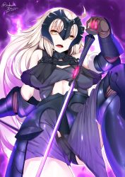 Rule 34 | 1girl, absurdres, arm guards, armor, armored dress, bare shoulders, black gloves, boots, breasts, capelet, chain, clothing cutout, cowboy shot, elbow gloves, fate/grand order, fate (series), fur trim, gauntlets, gloves, greaves, headpiece, highres, jeanne d&#039;arc (fate), jeanne d&#039;arc alter (avenger) (fate), jeanne d&#039;arc alter (avenger) (third ascension) (fate), jeanne d&#039;arc alter (fate), knee boots, knee pads, light brown hair, long hair, looking at viewer, looking down, medium breasts, midriff, navel cutout, nebusoku, open mouth, shorts, sleeveless, solo, teeth, tsurime, very long hair, yellow eyes