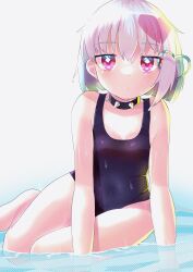 Rule 34 | 1girl, absurdres, arm support, backlighting, blush, breasts, collar, dohna dohna issho ni warui koto o shiyou, dot mouth, expressionless, hair ornament, heart, heart hair ornament, highres, kainekodash, looking at viewer, multicolored hair, one-piece swimsuit, partially submerged, pink eyes, pink hair, porno (dohna dohna), school swimsuit, short hair, sitting, small breasts, solo, spiked collar, spikes, swimsuit, two-tone hair, water, white background, white hair