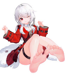 Rule 34 | 1girl, absurdres, ao run juzi, barefoot, clara (honkai: star rail), closed mouth, feet, foot focus, full body, hands up, highres, honkai: star rail, honkai (series), jacket, long hair, long sleeves, one eye closed, red eyes, red jacket, simple background, sitting, soles, solo, thigh strap, toes, white background, white hair
