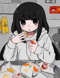 Rule 34 | 1girl, between fingers, black eyes, black hair, blunt bangs, blush stickers, bubbacterial, chicken nuggets, collarbone, condiment packet, drawstring, fast food, food, french fries, gradient eyes, grey hoodie, grey theme, hands up, highres, holding, holding food, hood, hood down, hoodie, indoors, ketchup, long hair, long sleeves, low twintails, mcdonald&#039;s, multicolored eyes, no pupils, open mouth, osage (nukunuku nigirimeshi), restaurant, sidelocks, sitting, solo, straight-on, table, twintails, vocaloid, wet floor sign
