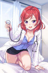 Rule 34 | 1girl, :d, barefoot, bed, blush, breasts, cleavage, collarbone, doctor, highres, holding, holding stethoscope, indoors, infirmary, lab coat, leaning forward, looking at viewer, love live!, love live! school idol project, medium breasts, medium hair, miniskirt, nishikino maki, on bed, open mouth, pencil skirt, purple eyes, red hair, skirt, smile, solo, stethoscope, thighs, tsukimi seiya, window