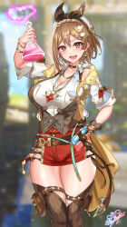 Rule 34 | 1girl, absurdres, atelier (series), atelier ryza, atelier ryza 3, breast pocket, breasts, brown eyes, brown hair, cleavage, collarbone, cowboy shot, earrings, hair ribbon, heart, highres, jewelry, large breasts, looking at viewer, medium hair, nez-box, open mouth, pocket, reisalin stout, ribbon, short shorts, shorts, single earring, solo, teeth, thick thighs, thighhighs, thighs, upper teeth only, vial