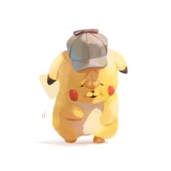 Rule 34 | aries bug, commentary request, creatures (company), detective pikachu, detective pikachu (character), detective pikachu (movie), game freak, gen 1 pokemon, grey hat, hat, head down, highres, nintendo, no humans, pikachu, pokemon, pokemon (creature), standing, walking, white background, wrinkled frown (detective pikachu)