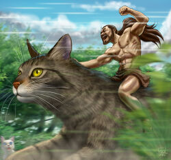 Rule 34 | 1boy, animal, black hair, cat, forest, loincloth, long hair, matataku, muscular, muscular male, nature, open mouth, original, oversized animal, riding, speed lines, surprised cat (matataku), topless male