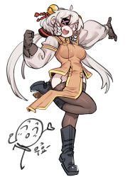 Rule 34 | 1girl, :d, ahoge, black footwear, boots, breasts, dress, eyepatch, gloves, grey gloves, hair between eyes, highres, korean text, leg up, long hair, long sleeves, looking at viewer, low twintails, medium breasts, nyong nyong, open mouth, orange dress, original, puffy long sleeves, puffy sleeves, purple eyes, round teeth, silver hair, simple background, smile, solo, standing, standing on one leg, teeth, thighhighs, twintails, white background
