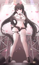 Rule 34 | 1girl, absurdres, animal ears, bandaged leg, bandages, bandaid, bandaid on knee, bandaid on leg, bare legs, bare shoulders, black choker, black eyes, black footwear, black hair, black jacket, black shorts, breasts, camisole, choker, cleavage, commission, crop top, full body, hair ribbon, halterneck, hands on own hips, highleg, highleg panties, highres, honyang, jacket, large breasts, long hair, long sleeves, looking at viewer, micro shorts, midriff, navel, off shoulder, open clothes, open fly, open jacket, original, panties, rabbit ears, ribbon, ribbon choker, shirt, shoes, short shorts, shorts, skindentation, sleeveless, sleeveless shirt, smile, solo, spaghetti strap, standing, stomach, string panties, thigh strap, thighs, twintails, underwear, v-shaped eyebrows, very long hair, white panties, white shirt
