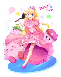 Rule 34 | 1boy, 1girl, :&lt;, ;d, blonde hair, blue eyes, blush, breasts, character name, crossover, crown, dress, earrings, elbow gloves, fang, food, fruit, frying pan, gloves, hat, high heels, jewelry, kamecube, kirby, kirby (series), large breasts, long hair, looking at viewer, mario (series), md5 mismatch, multiple persona, nintendo, one eye closed, open mouth, peach, pink dress, princess peach, puffy sleeves, sleeping, smile, solo, super smash bros., triangle mouth, weapon, white gloves