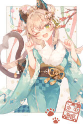 Rule 34 | 1girl, 247 (nsn na7), alternate costume, animal hands, back bow, bell, belt, blonde hair, blue kimono, blush, border, bow, branch, breasts, brown bow, brown sash, cat girl, cat tail, crossed bangs, fang, fangs, fingernails, floral print, flower, fur trim, genshin impact, green background, green eyes, green ribbon, hair bell, hair between eyes, hair bow, hair bun, hair flower, hair ornament, hair ribbon, hairclip, hands up, highres, japanese clothes, kimono, kirara (cat) (genshin impact), kirara (genshin impact), kirara (post office) (genshin impact), long hair, long sleeves, looking at viewer, medium breasts, multiple tails, new year, obiage, one eye closed, open mouth, outside border, pom pom (clothes), pom pom hair ornament, red flower, ribbon, sash, sidelocks, smile, solo, standing, tail, tassel, tongue, twintails, two tails, white border, wide sleeves, yellow belt, yellow ribbon