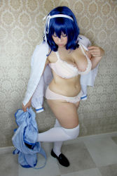 Rule 34 | blue hair, bra, breasts, chouzuki maryou, cosplay, closed eyes, hairband, large breasts, lingerie, photo (medium), plump, seikon no qwaser, thick thighs, thighhighs, thighs, underwear, undressing, yamanobe tomo
