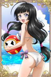 Rule 34 | 1girl, ass, ball, beach, bikini, black hair, blue sky, breasts, card (medium), cloud, commentary request, cowboy shot, day, dig dug, from behind, hanzou, highres, horizon, kohaku hearts, long hair, looking at viewer, low-tied long hair, medium breasts, official alternate costume, open mouth, pooka (dig dug), purple eyes, sky, smile, solo, swimsuit, tales of (series), tales of hearts, white bikini