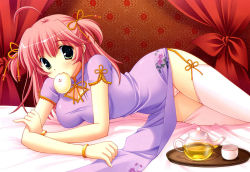 Rule 34 | 1girl, bed, blush, bracelet, breasts, china dress, chinese clothes, cleavage, cleavage cutout, clothes lift, clothing cutout, cup, dress, dress lift, food, food in mouth, garter straps, green eyes, hair ribbon, hien (ne~pon? x rai pon!), ikegami akane, jewelry, long hair, looking at viewer, lying, mouth hold, ne~pon? x rai pon!, panties, pink hair, pink panties, purple dress, ribbon, short sleeves, source request, teacup, teapot, thighhighs, tray, twintails, underwear, wall, white thighhighs