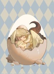 Rule 34 | 1girl, argyle, argyle background, argyle clothes, blonde hair, character doll, chibi, chimera, closed eyes, dragon girl, dragon tail, dungeon meshi, egg, eggshell, eggshell hat, falin touden, falin touden (chimera), feathered wings, happy, hatching, highres, hugging doll, hugging object, koucailiao1, laios touden, light brown hair, monster girl, short hair, solo, spoilers, stuffed toy, tail, two-tone background, wings