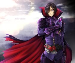 Rule 34 | 1boy, armor, armored dress, belt, black hair, cape, character request, code geass, commentary, commission, crossover, english commentary, fabulous, gloves, gold trim, hair over one eye, kamen rider, kamen rider eternal, kamen rider w, lelouch vi britannia, male focus, manu-chann, purple eyes, standing