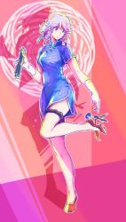 Rule 34 | 1girl, alternate costume, bare legs, blue dress, braid, breasts, china dress, chinese clothes, commentary request, dress, full body, gloves, green ribbon, hair between eyes, hair ribbon, hand up, highres, holding, holding nunchaku, holding weapon, holster, izayoi sakuya, knife, medium breasts, nunchaku, pink background, purple eyes, red footwear, ribbon, shoes, short dress, short hair, short sleeves, side slit, silver hair, solo, standing, standing on one leg, thigh holster, thighs, touhou, twin braids, weapon, white gloves, yutarou