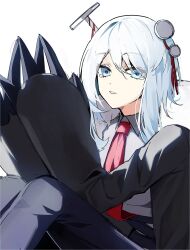 Rule 34 | 1girl, black coat, black pants, blue eyes, claws, coat, collared shirt, e.g.o (project moon), faust (project moon), fur collar, hi i dubu, highres, limbus company, long hair, nail, necktie, pants, parted lips, paw sleeves, project moon, red necktie, red ribbon, ribbon, shirt, simple background, solo, tearing up, white background, white hair, white shirt