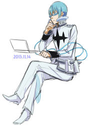 Rule 34 | 10s, 1boy, 2013, blue hair, computer, dated, glasses, inumuta houka, kill la kill, laptop, crossed legs, male focus, sabamiso (waruagaki), sitting, solo, uniform