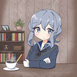 Rule 34 | 1girl, black neckwear, blue eyes, blue hair, blue jacket, blue sailor collar, blush, book, bookshelf, closed mouth, coffee, commentary request, cup, gloves, gotland (kancolle), hair between eyes, highres, ichi (ichi.colors), jacket, kantai collection, long hair, long sleeves, mole, mole under eye, photo (object), picture frame, plant, potted plant, sailor collar, saucer, sitting, smile, solo, teacup, white gloves