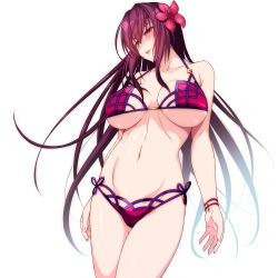 Rule 34 | 1girl, 846-gou, bikini, blush, bracelet, breasts, closed mouth, collarbone, commentary request, cowboy shot, fate/grand order, fate (series), flower, hair between eyes, hair flower, hair intakes, hair ornament, hibiscus, highres, jewelry, large breasts, long hair, navel, pink bikini, purple bikini, purple hair, red eyes, scathach (fate), scathach (fate), scathach (swimsuit assassin) (fate), simple background, solo, standing, swimsuit, white background