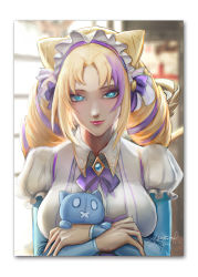 Rule 34 | 1girl, blackole, blonde hair, border, bow, bowtie, breasts, brooch, cafe cuties gwen, cone hair bun, dated, drill hair, grey border, gwen (league of legends), hair bow, hair bun, highres, jewelry, large breasts, league of legends, long sleeves, looking at viewer, maid, maid headdress, multicolored hair, open mouth, parted bangs, pink hair, purple bow, purple bowtie, signature, smile, twin drills, twintails, two-tone hair