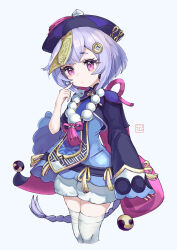 Rule 34 | 1girl, artist logo, bead necklace, beads, bloomers, blue dress, braid, braided ponytail, coin hair ornament, cropped legs, dress, earrings, finger to cheek, genshin impact, hair ornament, hand up, hat, highres, jewelry, jiangshi, long sleeves, looking at viewer, necklace, o3o, ofuda, orb, purple eyes, purple hat, qingdai guanmao, qiqi (genshin impact), saebashi, short hair, solo, talisman, tassel, thighhighs, underwear, white background, white bloomers, white thighhighs, wide sleeves, yin yang, yin yang orb