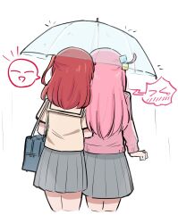 Rule 34 | 2girls, 5alive, bag, bocchi the rock!, commentary, cropped legs, cube hair ornament, from behind, gotoh hitori, grey skirt, hair ornament, highres, jacket, kita ikuyo, long hair, long sleeves, multiple girls, one side up, pink hair, pink jacket, pleated skirt, rain, red hair, sailor collar, school bag, school uniform, shared umbrella, shirt, short sleeves, shoulder bag, shuka high school uniform, simple background, skirt, spoken expression, transparent, transparent umbrella, umbrella, white background, yellow sailor collar, yellow shirt, yuri