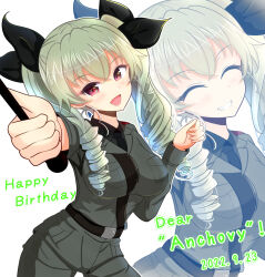 Rule 34 | 1girl, anchovy (girls und panzer), blush, dated, drill hair, girls und panzer, green hair, hair ribbon, happy birthday, highres, kumaisao, long hair, looking at viewer, military uniform, open mouth, red eyes, ribbon, riding crop, simple background, smile, solo, uniform, white background