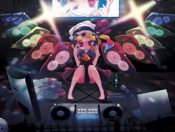 Rule 34 | 1girl, alternate wings, bad id, bad pixiv id, bade hair, barefoot, bell (artist), bell (oppore coppore), computer, female focus, flandre scarlet, gradient hair, hat, headphones, highres, izayoi sakuya, laptop, light trail, monitor, multicolored hair, phonograph, ponytail, rainbow order, red eyes, short hair, side ponytail, sitting, solo, speaker, embodiment of scarlet devil, touhou, turntable, when you see it, wings