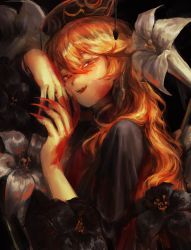Rule 34 | 1girl, absurdres, black dress, black flower, black headwear, blonde hair, blood, blood on face, blood on hands, commentary request, dress, earrings, fingernails, flower, from side, hair between eyes, hatena (nazequestion), highres, jewelry, junko (touhou), lily (flower), long fingernails, long hair, looking at viewer, nail polish, red eyes, red nails, sharp fingernails, smile, solo, touhou, upper body, white flower