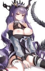 Rule 34 | 1girl, absurdres, arknights, bare shoulders, black dress, black thighhighs, breasts, breasts out, cleavage cutout, clothes pull, clothing cutout, curly hair, dress, dress pull, garter straps, headgear, highres, horns, large breasts, looking at viewer, mizuhashi parusui, nipples, purple hair, red eyes, simple background, single thighhigh, sitting, solo, tail, thighhighs, typhon (arknights), wariza, white background