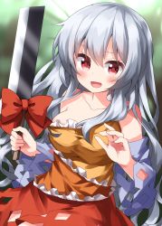 Rule 34 | 1girl, :d, bare shoulders, blush, bow, breasts, collarbone, detached sleeves, dress, frills, hair between eyes, highres, holding, holding sword, holding weapon, long hair, long sleeves, looking at viewer, open mouth, red bow, red eyes, red skirt, ruu (tksymkw), sakata nemuno, single strap, skirt, smile, solo, sword, touhou, very long hair, weapon