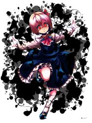Rule 34 | 1girl, ascot, blonde hair, dark, darkness, frills, hair ribbon, highres, image sample, long sleeves, looking at viewer, nsio, outstretched arms, red eyes, ribbon, rumia, short hair, simple background, skirt, smile, socks, solo, touhou, vest