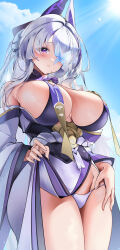 Rule 34 | 1girl, absurdres, asymmetrical bangs, azur lane, black skirt, blush, breast curtains, breasts, butterfly over eye, clothes lift, collared shirt, commentary request, embarrassed, fangwan, grey hair, groin, hair over one eye, highres, horns, japanese clothes, kimono, kimono lift, large breasts, long hair, looking at viewer, multicolored hair, obi, off shoulder, panties, panty pull, purple eyes, purple hair, sash, shirt, side slit, skindentation, skirt, solo, streaked hair, thighs, underbust, underwear, unzen (azur lane), white kimono, white panties, wide sleeves