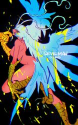 Rule 34 | 1girl, akiyama enma, antennae, black background, breasts, claws, commentary request, demon girl, devilman, devilman crybaby, feather hair, feathered wings, from side, half-harpy, hand up, head wings, highres, large breasts, large head wings, looking at viewer, monster girl, nipples, nude, open mouth, paint splatter, siren (devilman), smile, solo, standing, standing on one leg, talons, white hair, wings, yellow eyes