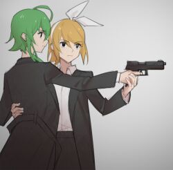 Rule 34 | 2girls, aiming, black coat, black eyes, black pants, blonde hair, bow, bow hairband, coat, dress shirt, finger on trigger, formal, from side, green hair, grey background, gumi, gun, hairband, hand on another&#039;s back, holding, holding gun, holding hands, holding weapon, kagamine rin, light frown, multiple girls, outstretched arm, pants, shirt, short hair with long locks, sidelocks, suit, upper body, vocaloid, weapon, white bow, white shirt, wounds404