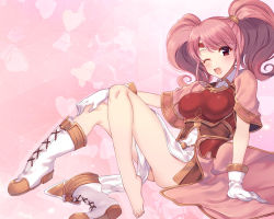 Rule 34 | 1girl, ;d, armor, awayuki ramika, bad id, bad pixiv id, barefoot, blush, boots, breastplate, capelet, fire emblem, fire emblem echoes: shadows of valentia, gloves, long hair, mae (fire emblem), nintendo, one eye closed, open mouth, pink background, pink capelet, pink hair, red eyes, sitting, smile, solo, twintails, white footwear, white gloves