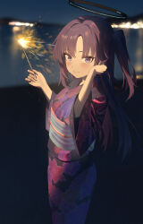 Rule 34 | 1girl, absurdres, alternate costume, beach, blue archive, blurry, blurry background, blush, breasts, city lights, clear sky, clenched hand, closed mouth, commentary, fireworks, floral print, from side, hair intakes, halo, hand in own hair, head tilt, highres, holding, holding fireworks, japanese clothes, kimono, large breasts, long hair, long sleeves, looking at viewer, mechanical halo, mr-shin, night, night sky, obi, obiage, obijime, one side up, outdoors, parted bangs, print kimono, purple eyes, purple hair, sash, scenery, sidelocks, sky, smile, solo, sparkler, water, wide sleeves, yukata, yuuka (blue archive)